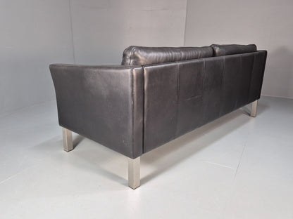 Vintage 3 Seater Stouby Sofa 1990s Black Leather Steel Legs Retro MCM  EB09079