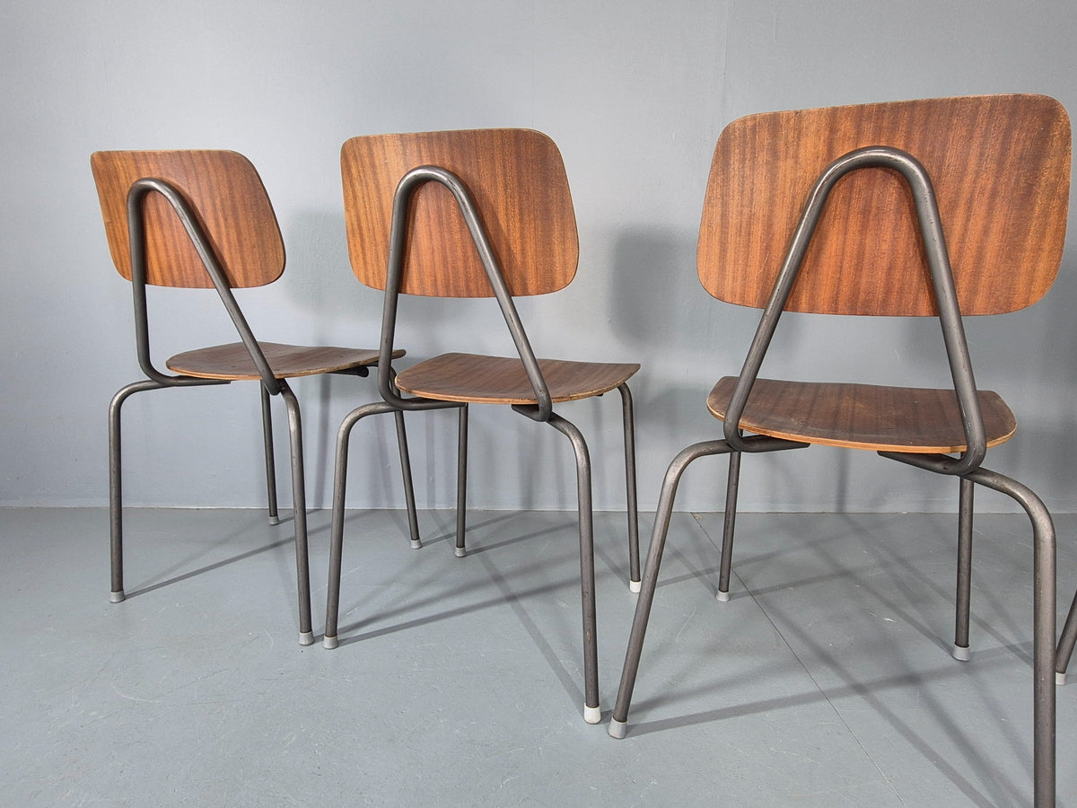 6 Vintage Danish Industrial Chairs Mid Century Teak and Steel Retro EB12656