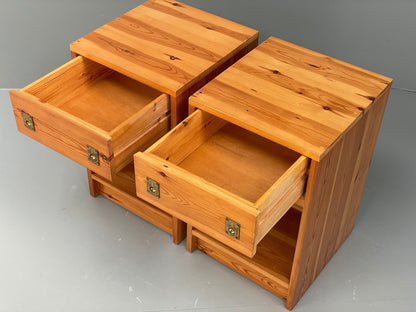Vintage Pine Bedside Cabinets Pair 1970s Retro Drawers Brass Handle EB12904