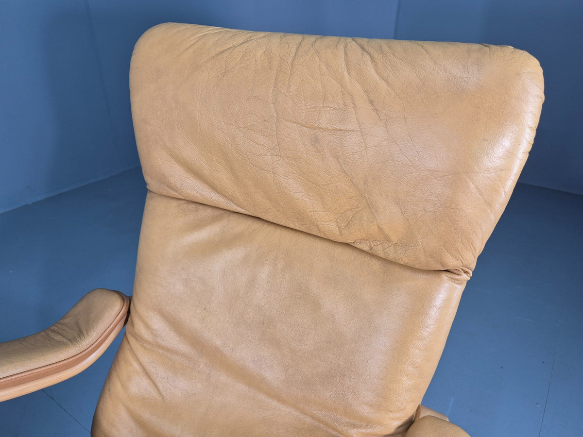 2 Vintage Tan Leather Lounge Chairs 1980s Danish Swivel Bentwood Bases EB13081