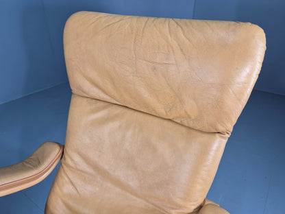 2 Vintage Tan Leather Lounge Chairs 1980s Danish Swivel Bentwood Bases EB13081