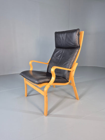 Vintage Danish Lounge Chair Leather and Bentwood 1980s Retro MCM EB13079