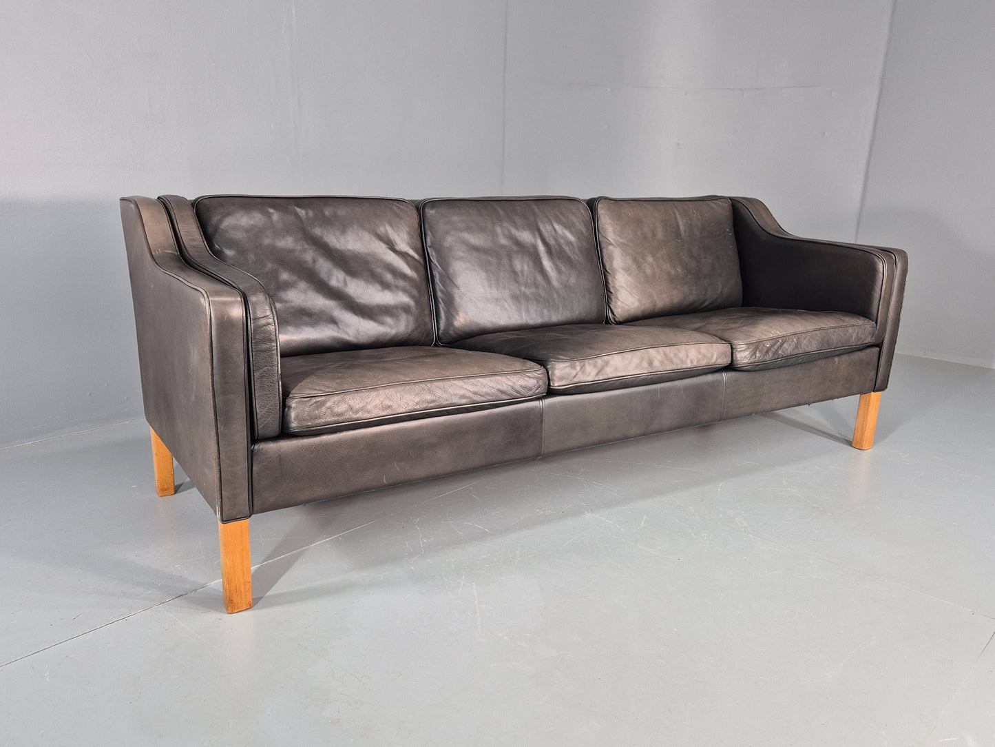 Vintage 3 Seater Sofa Danish Mid Century Black Leather 1970s Retro  EB11628