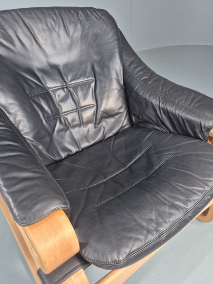Vintage 1970s Lounge Chair Krokken By Fribytter Leather Bentwood Retro EB11998