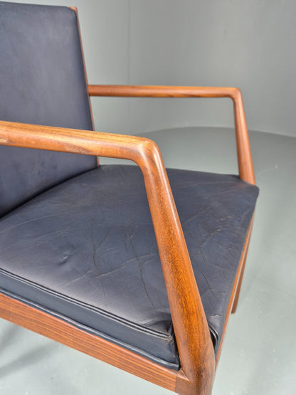 Vintage Mid Century Teak Armchair Blue Leather 1960s Retro EB11910