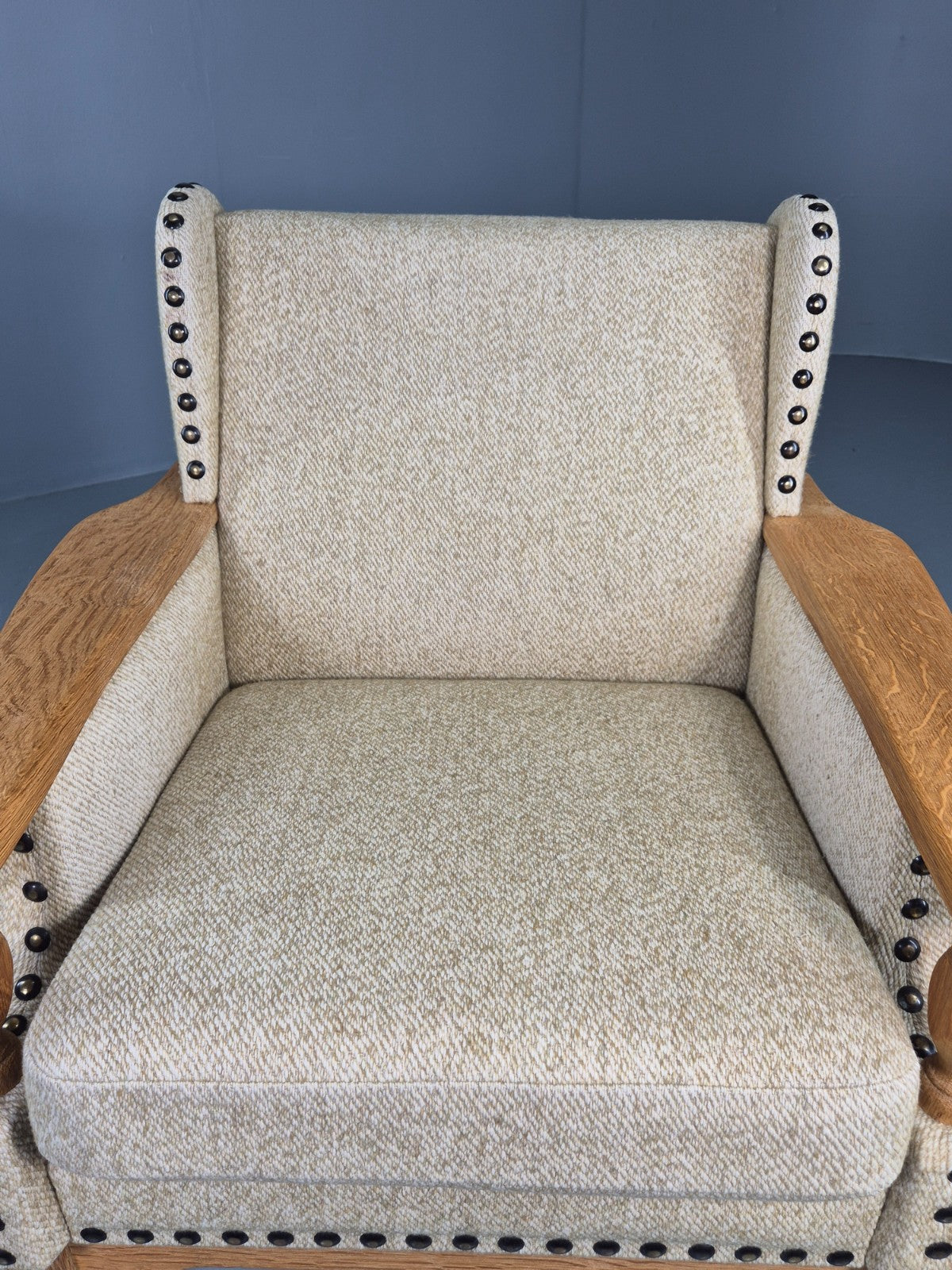 Vintage 1970s Lounge Chair Low Wing Back Kjaernulf Style Oak Retro Cream EB12719