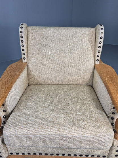 Vintage 1970s Lounge Chair Low Wing Back Kjaernulf Style Oak Retro Cream EB12719
