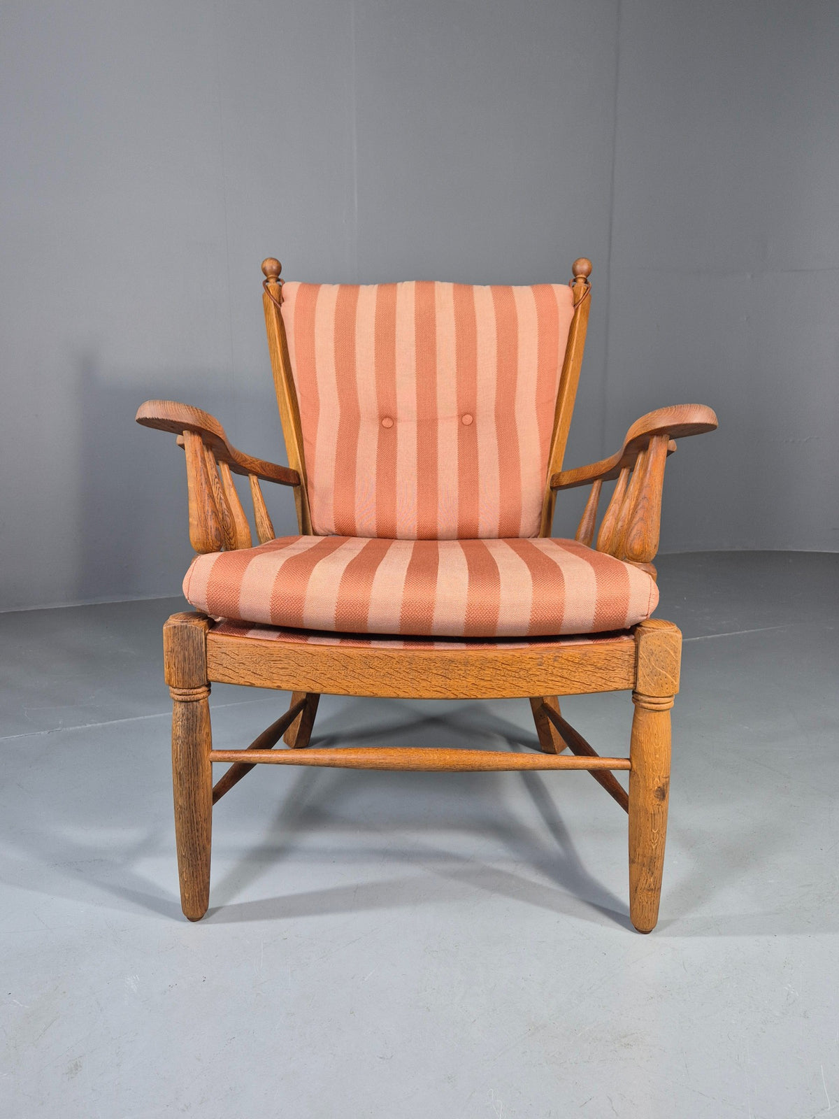 Vintage Danish Oak Lounge Chair 1950s Cottage Style Pink Striped Cotton EB12708