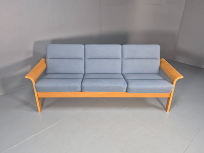 Vintage Danish Magnus Olesen Sofa Oak and Blue Wool 1970s EB9377 M3SS