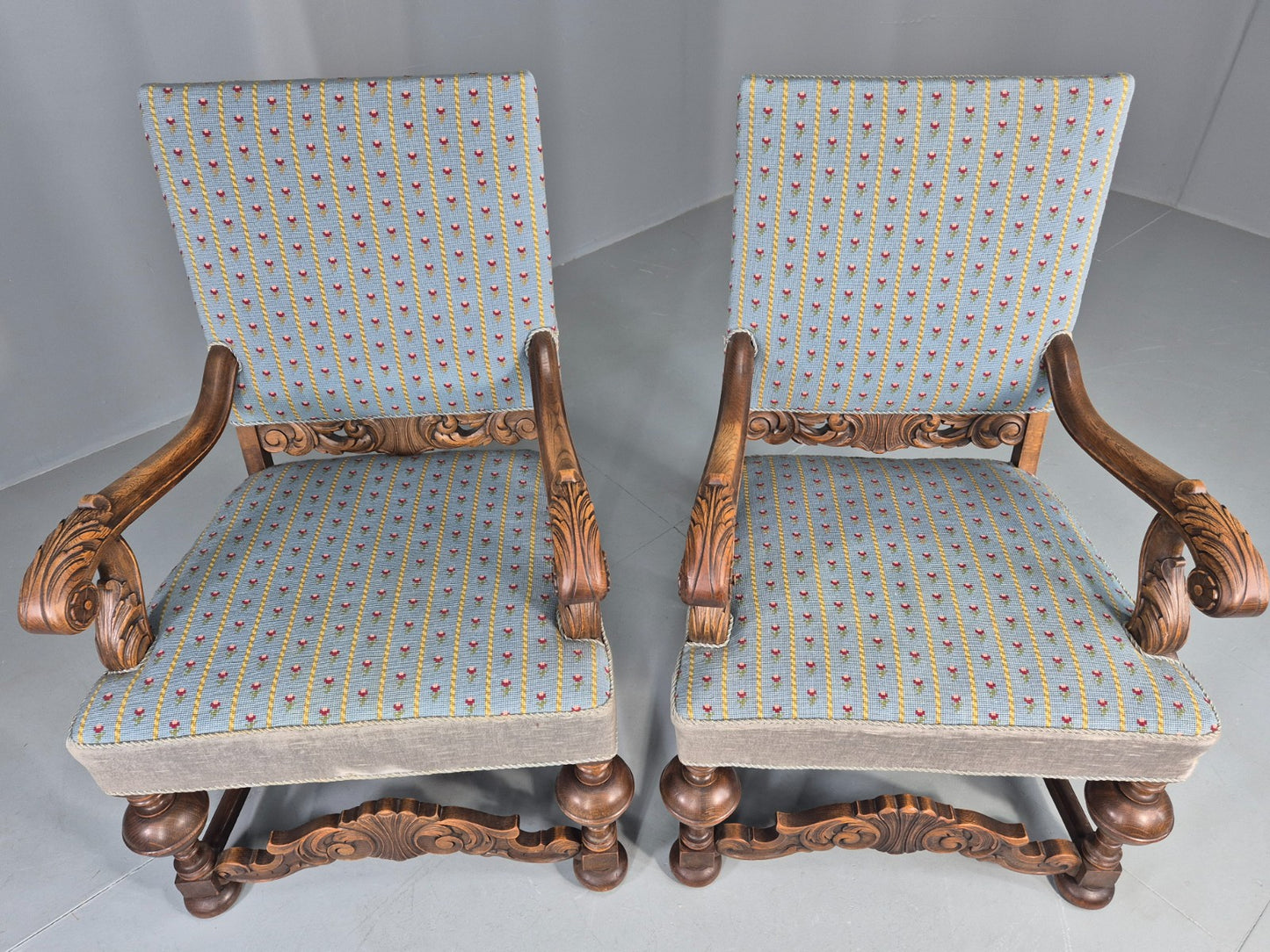 2 Vintage Danish Baroque Revival Lounge Chairs Oak Frame Tapestry Floral EB12643