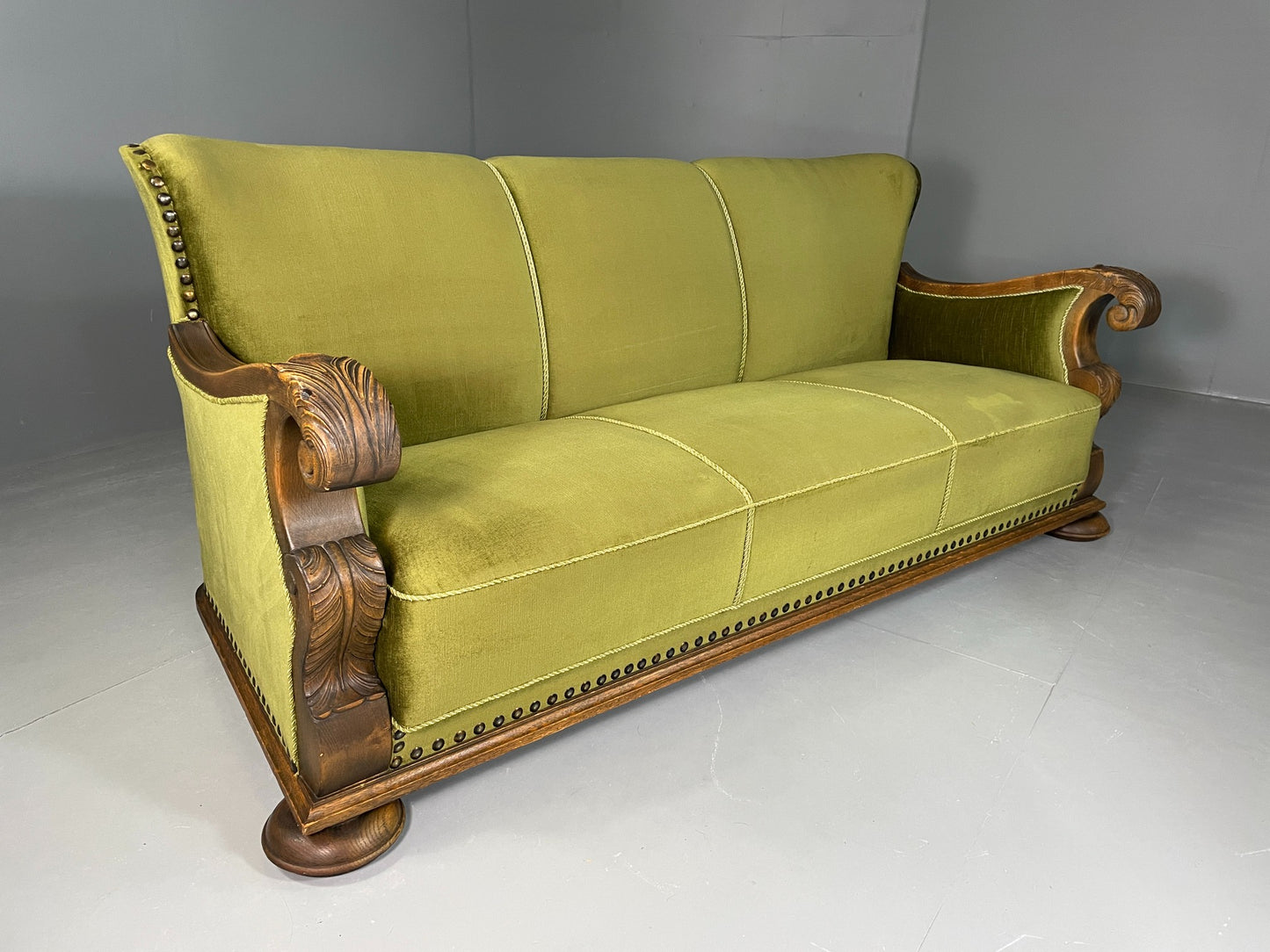 Antique 3 Seat Sofa Danish Oak Frame Green Velour 1900s EB06460