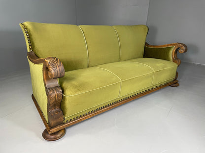 Antique 3 Seat Sofa Danish Oak Frame Green Velour 1900s EB06460