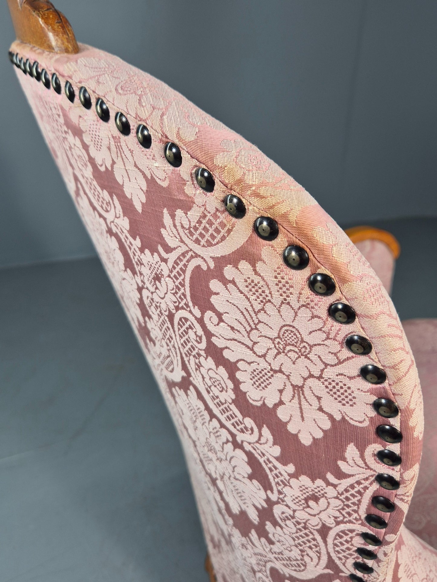 Vintage Danish Rococo Style Arm Chair Pink Floral Damask 20th Century EB12704