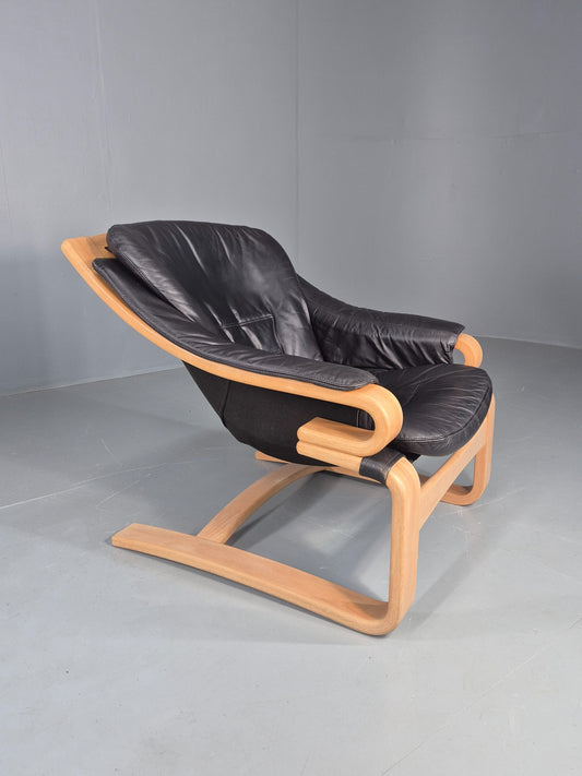 Vintage 1970s Lounge Chair Krokken By Fribytter Leather Bentwood Retro EB11998