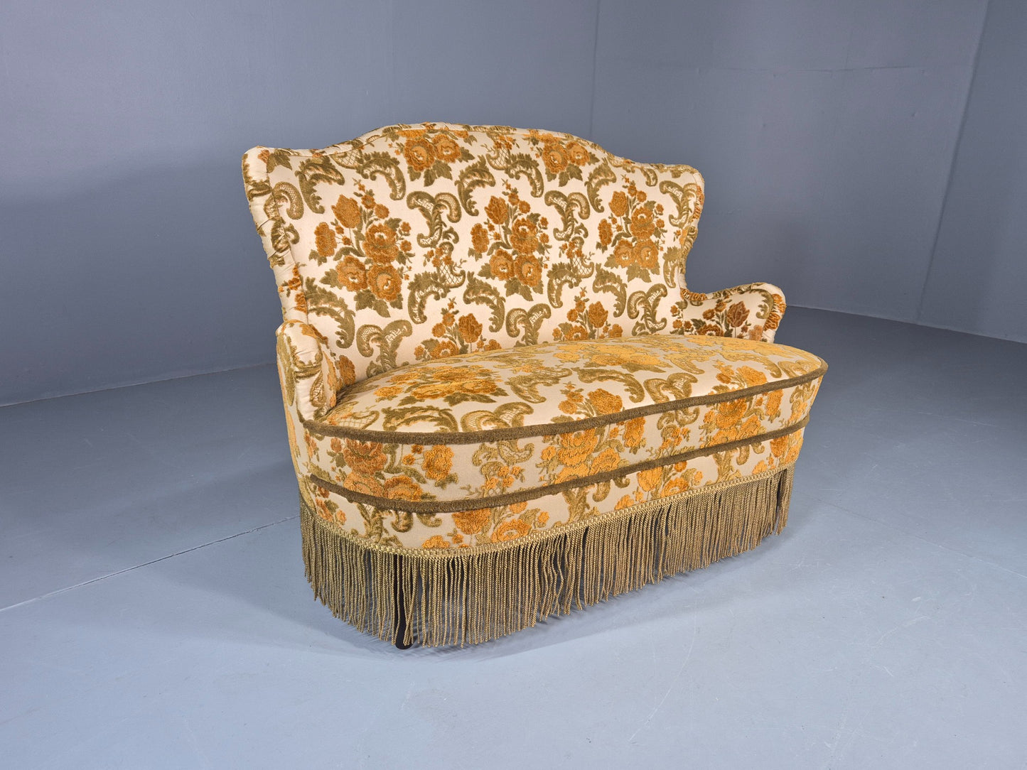Dinky Danish 2 seat Sofa 1970s Glam Gold Floral Moquette Kitsch Retro EB12738