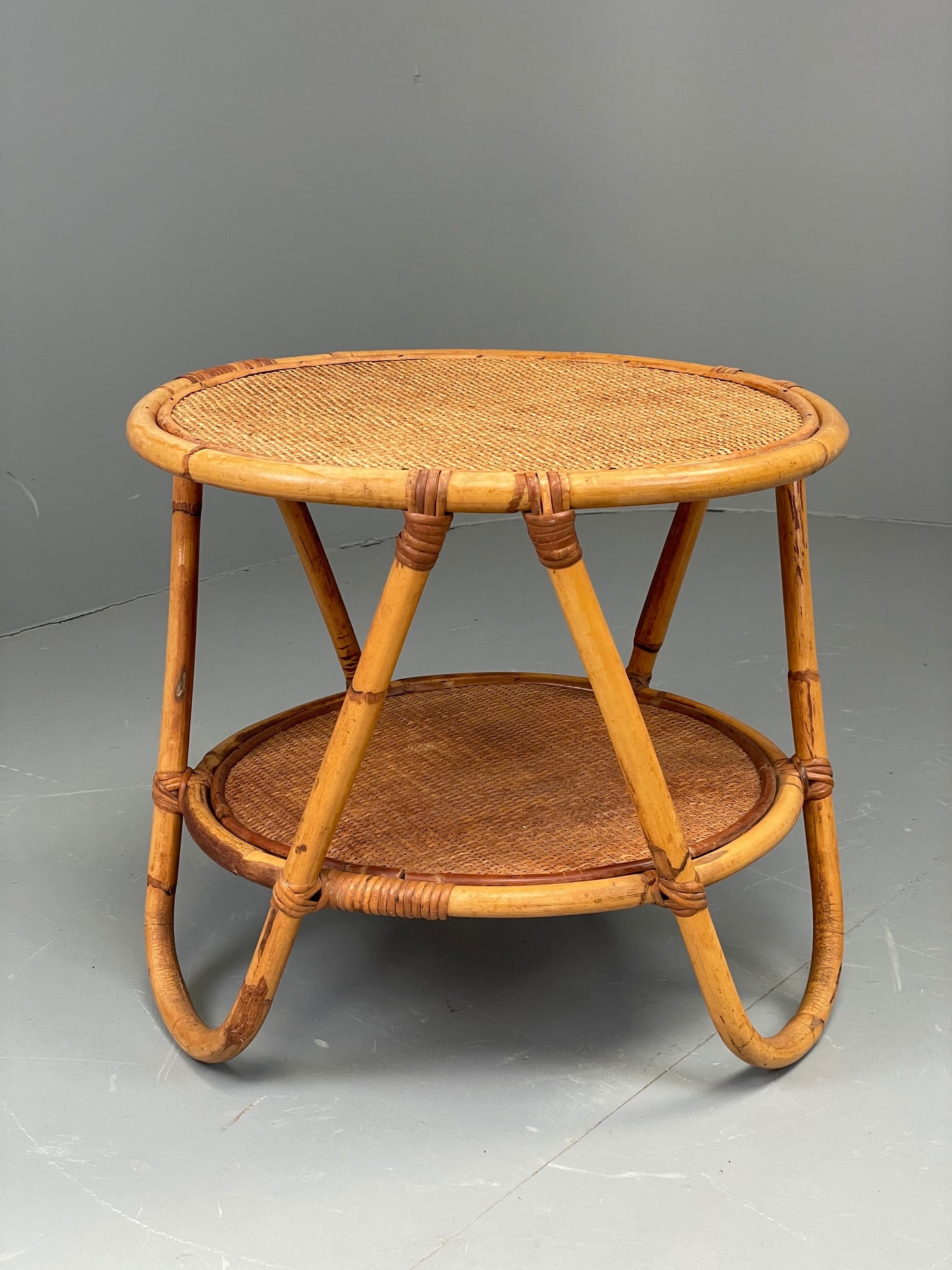 Vintage Rattan Side Table Cane Frame Mid Century Retro Round EB11881