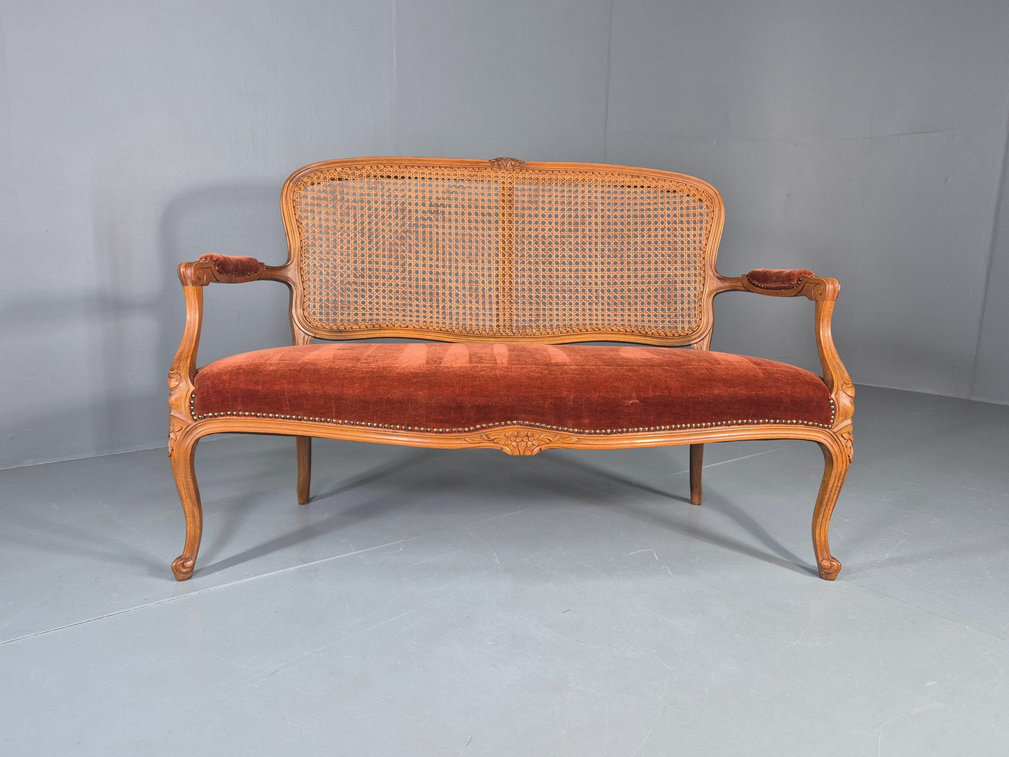 Vintage Danish 2 Seat Sofa French Style Bergere Back Red Velvet Velour EB12744