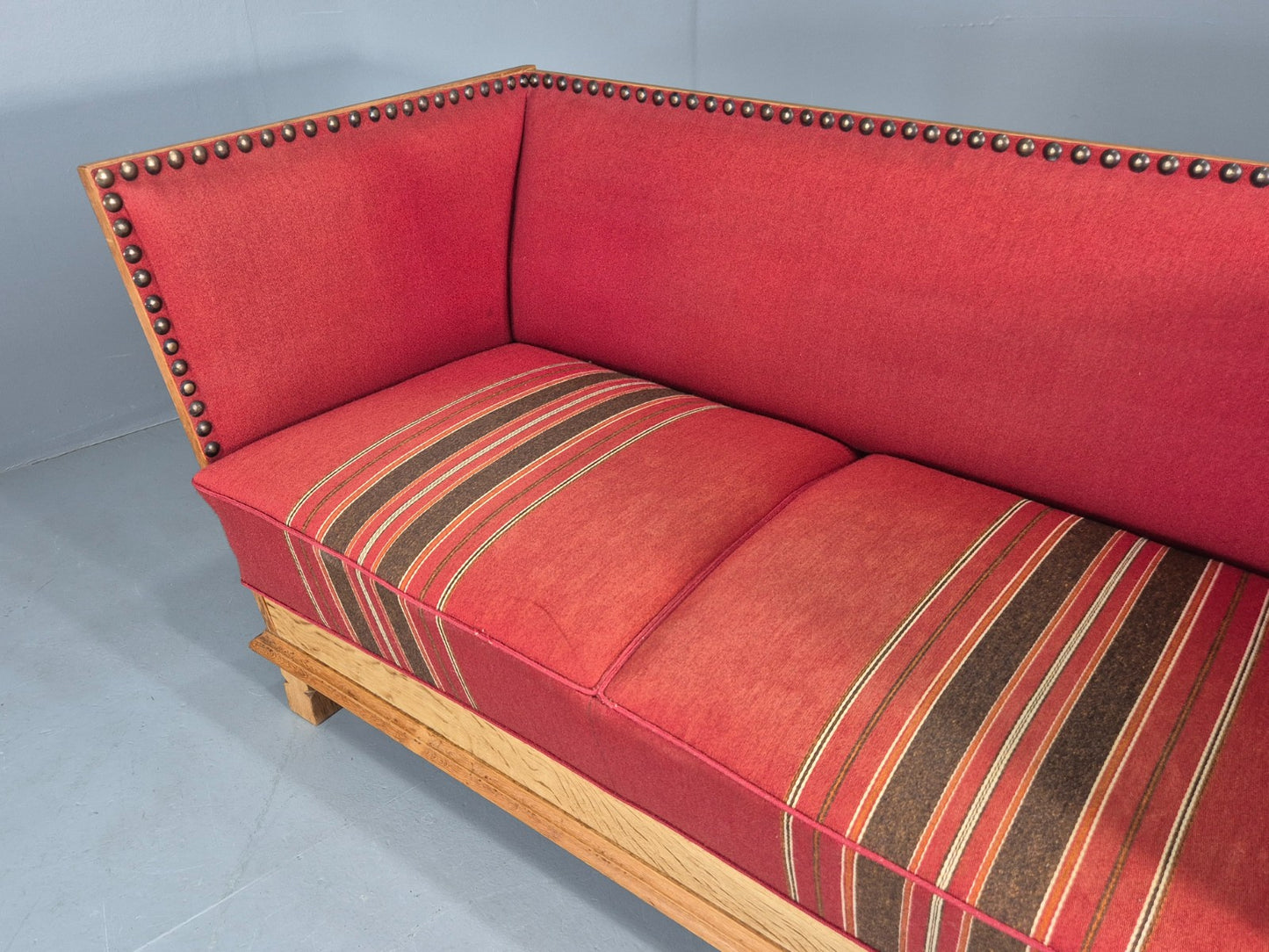 Vintage Danish 2 Seater Sofa Oak Framed Red Stripe Cloth 1970s Retro EB12755