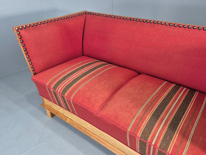 Vintage Danish 2 Seater Sofa Oak Framed Red Stripe Cloth 1970s Retro EB12755