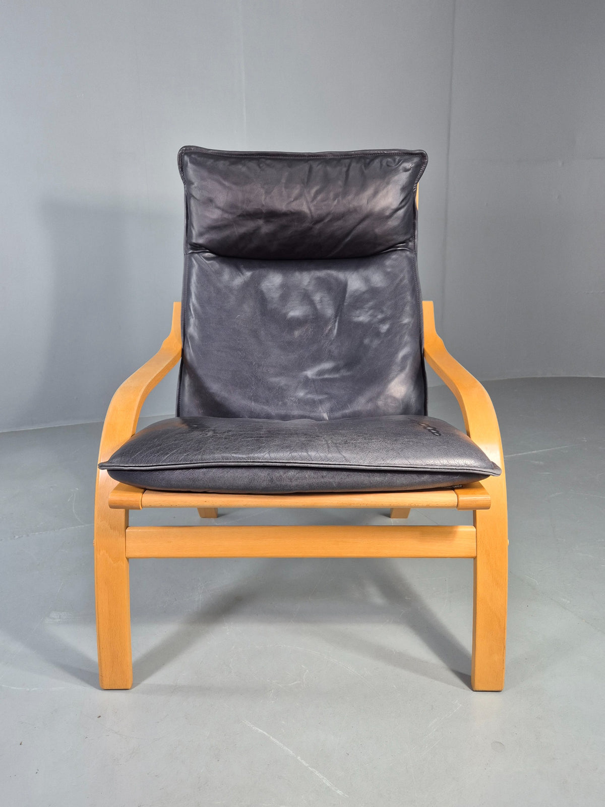Vintage Danish Lounge Chair Bent Wood Frame Black Leather Cushion 1980s EB13077