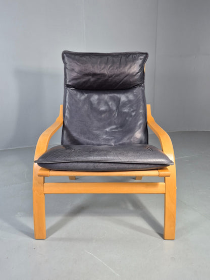 Vintage Danish Lounge Chair Bent Wood Frame Black Leather Cushion 1980s EB13077