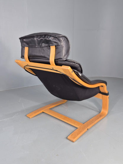 Vintage 1970s Leather Lounge Chair Bentwood Frame Danish Retro MCM EB08277
