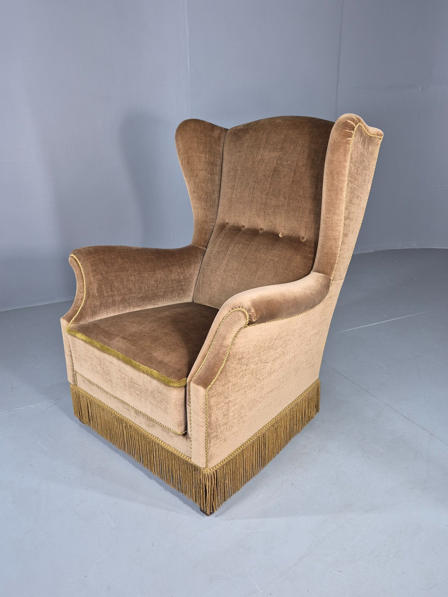 Vintage Wingback Lounge Chair Danish 20th Century Green Velvet Velour EB12706