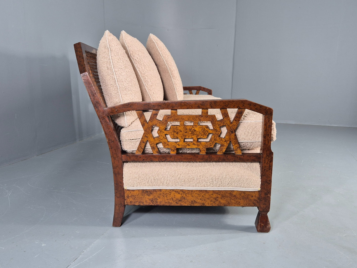 Vintage Art Deco 3 Seat Sofa Dappled Walnut White Boucle Bergere EB12557