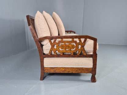 Vintage Art Deco 3 Seat Sofa Dappled Walnut White Boucle Bergere EB12557