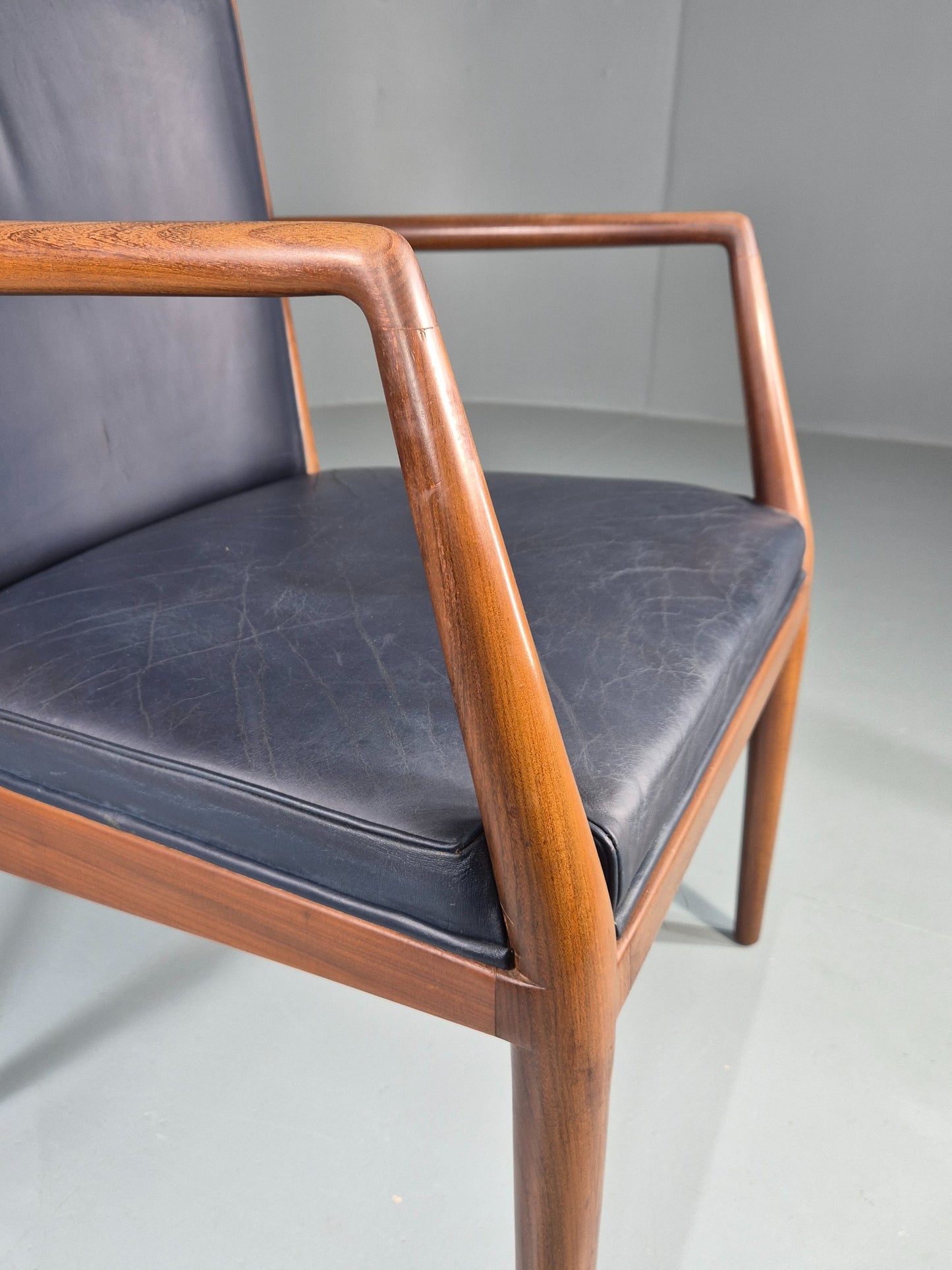 Vintage Mid Century Teak Armchair Blue Leather 1960s Retro EB11905