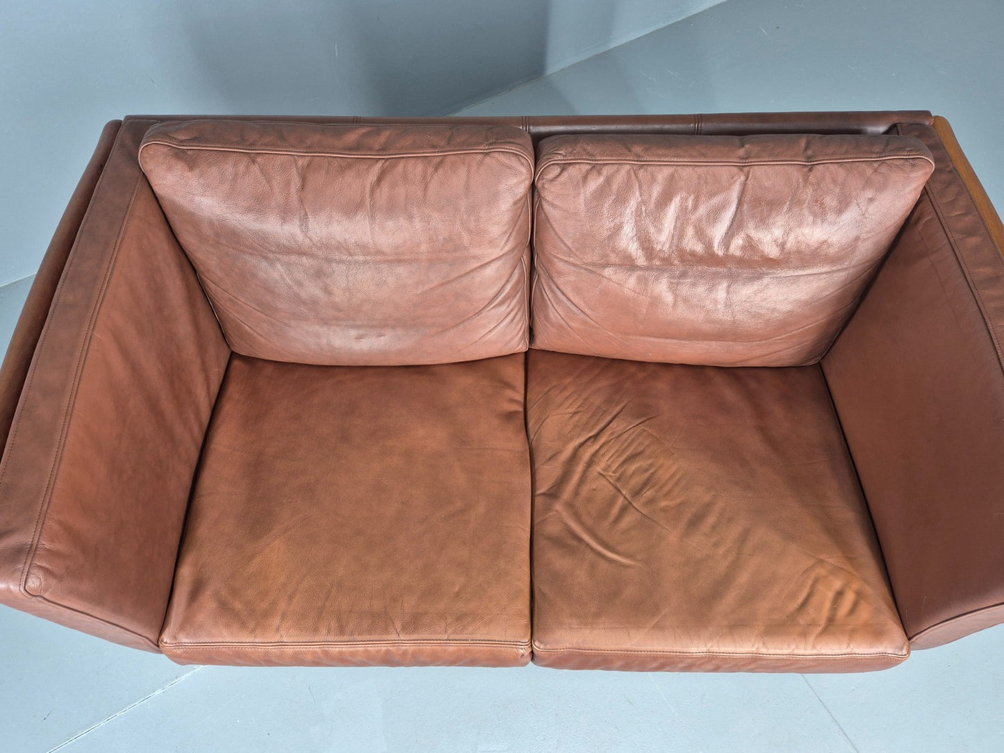 Vintage 2 Seater Sofa Danish Brown Leather Wood Ends Retro 1980s EB8349 M2SS