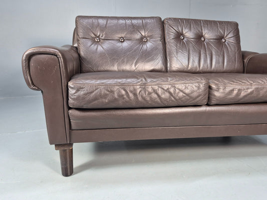 Vintage Danish 2 Seater Brown Leather 1970s Retro Danish MCM Buttoned EB09944