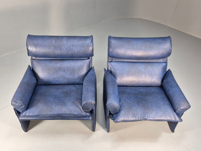 Vintage Saporiti Italian Lounge Chairs Pair Blue Vinyl Retro EB9844
