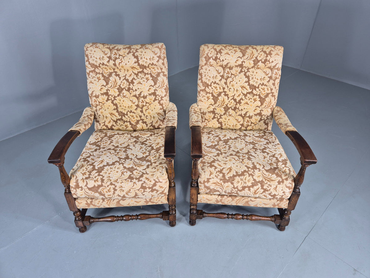 2 Utility Era Open Armed Lounge Chairs Wood Frames Floral Moquette 1940s EB12915