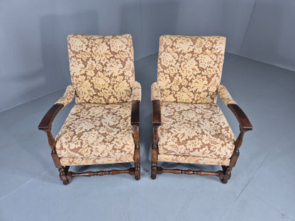 2 Utility Era Open Armed Lounge Chairs Wood Frames Floral Moquette 1940s EB12915