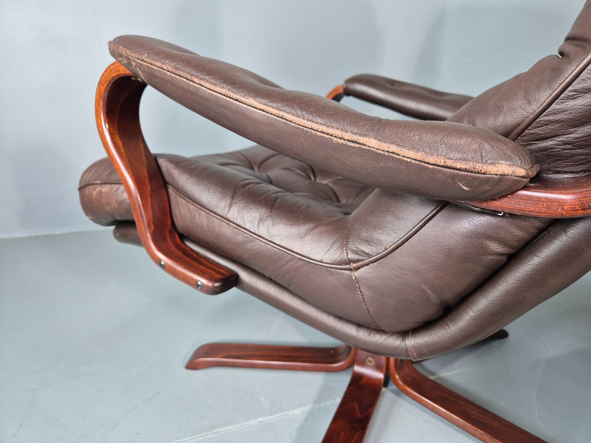2 Vintage Danish Lounge Chairs Swivel Recline Leather Mid Century Retro EB13093