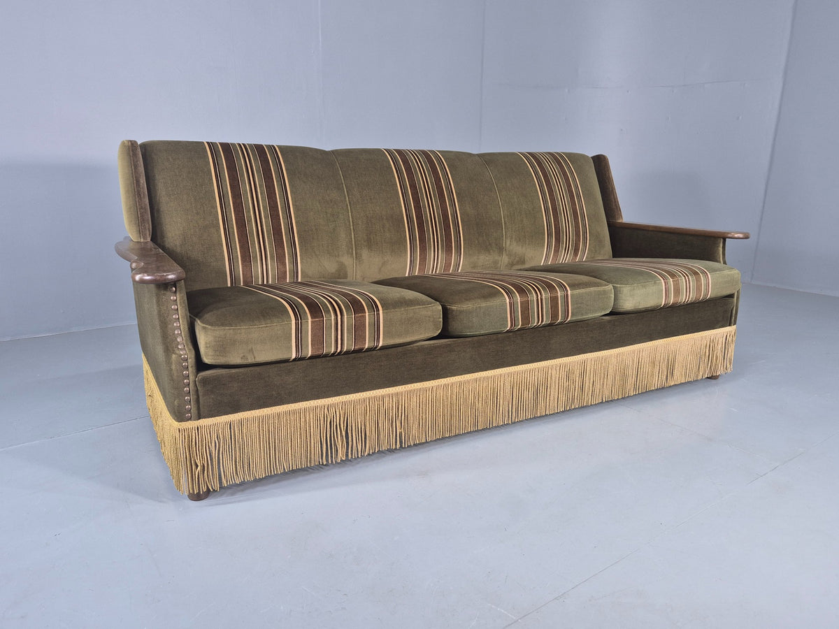 Vintage Danish 3 Seater Sofa 1970s Kjaernulf Styled Green Stripe Retro EB12729