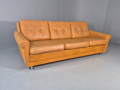 Vintage 3 Seater Mid Century Sofa Tan Leather 1970s Retro Chrome Feet  EB11773