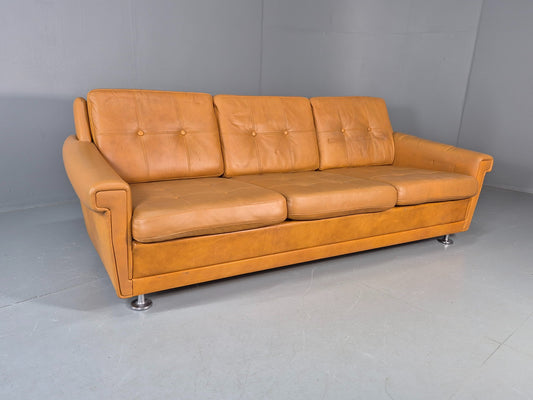 Vintage 3 Seater Mid Century Sofa Tan Leather 1970s Retro Chrome Feet  EB11773