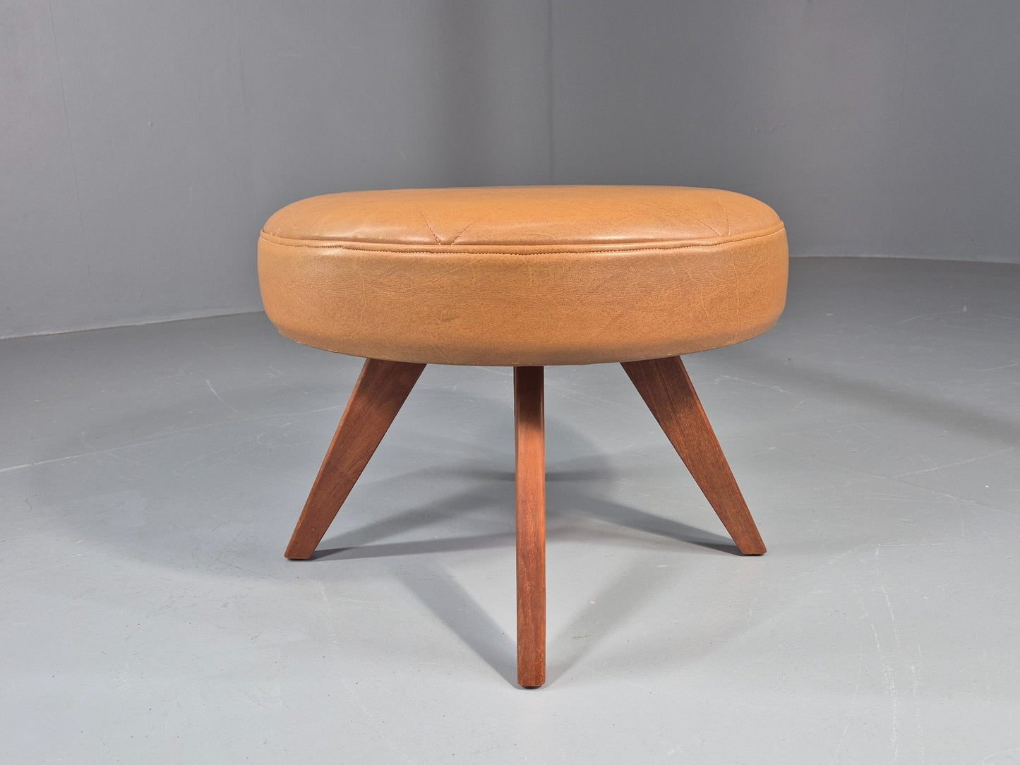 Vintage Mid Century Foot Stool Brown Vinyl Danish Teak Round Retro MCM EB12022