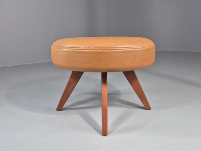 Vintage Mid Century Foot Stool Brown Vinyl Danish Teak Round Retro MCM EB12022