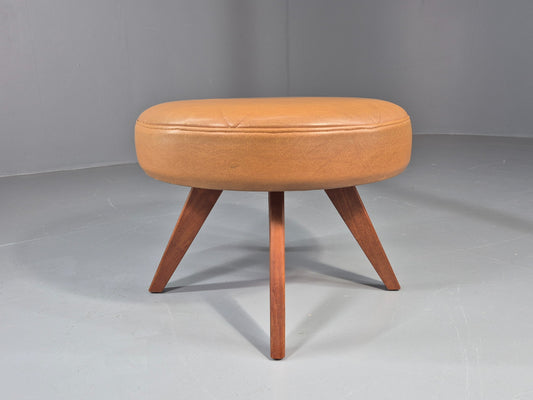 Vintage Mid Century Foot Stool Brown Vinyl Danish Teak Round Retro MCM EB12022