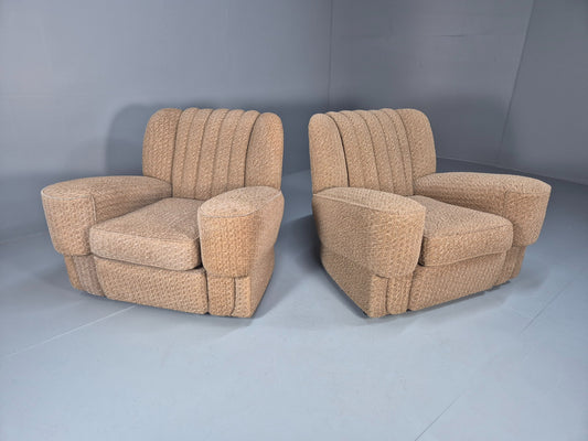 2 Vintage Art Deco Armchairs Beige Chenille Upholstery 1940s EB09684