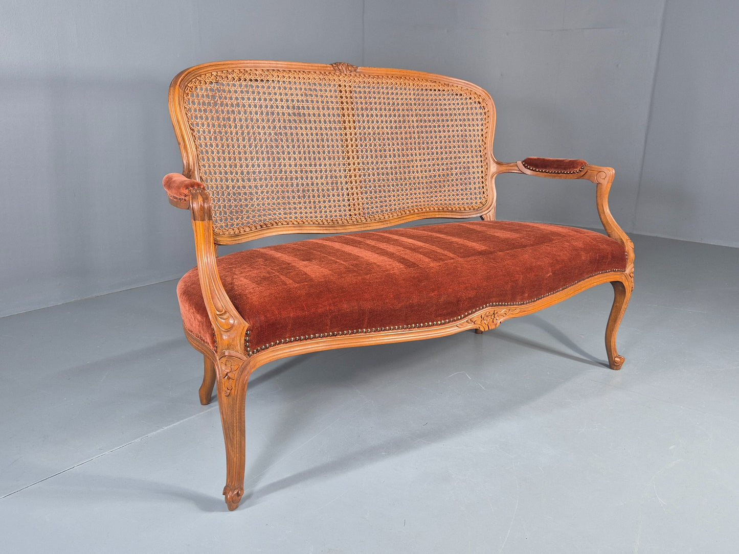 Vintage Danish 2 Seat Sofa French Style Bergere Back Red Velvet Velour EB12744