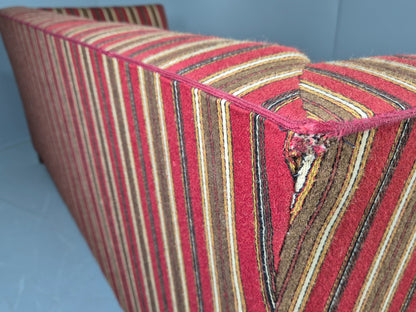 Vintage Art Deco Danish 3 Seater Sofa Red Wool Stripe Upholstery 1940s  EB12701