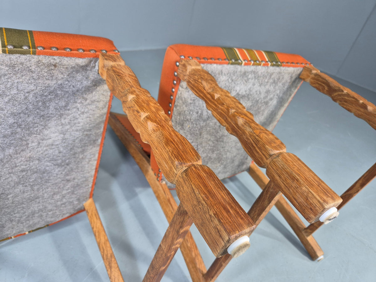 2 Vintage Dining Chairs 1970s Danish Kjaernulf Style Orange Wool Striped EB13075