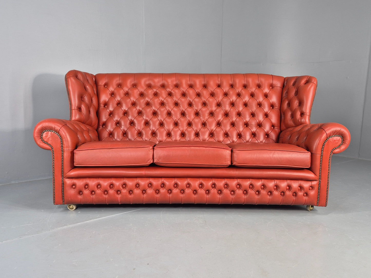 Vintage Highback Chesterfield 3 Seater Sofa 70s Danish Retro Red Leather EB12374