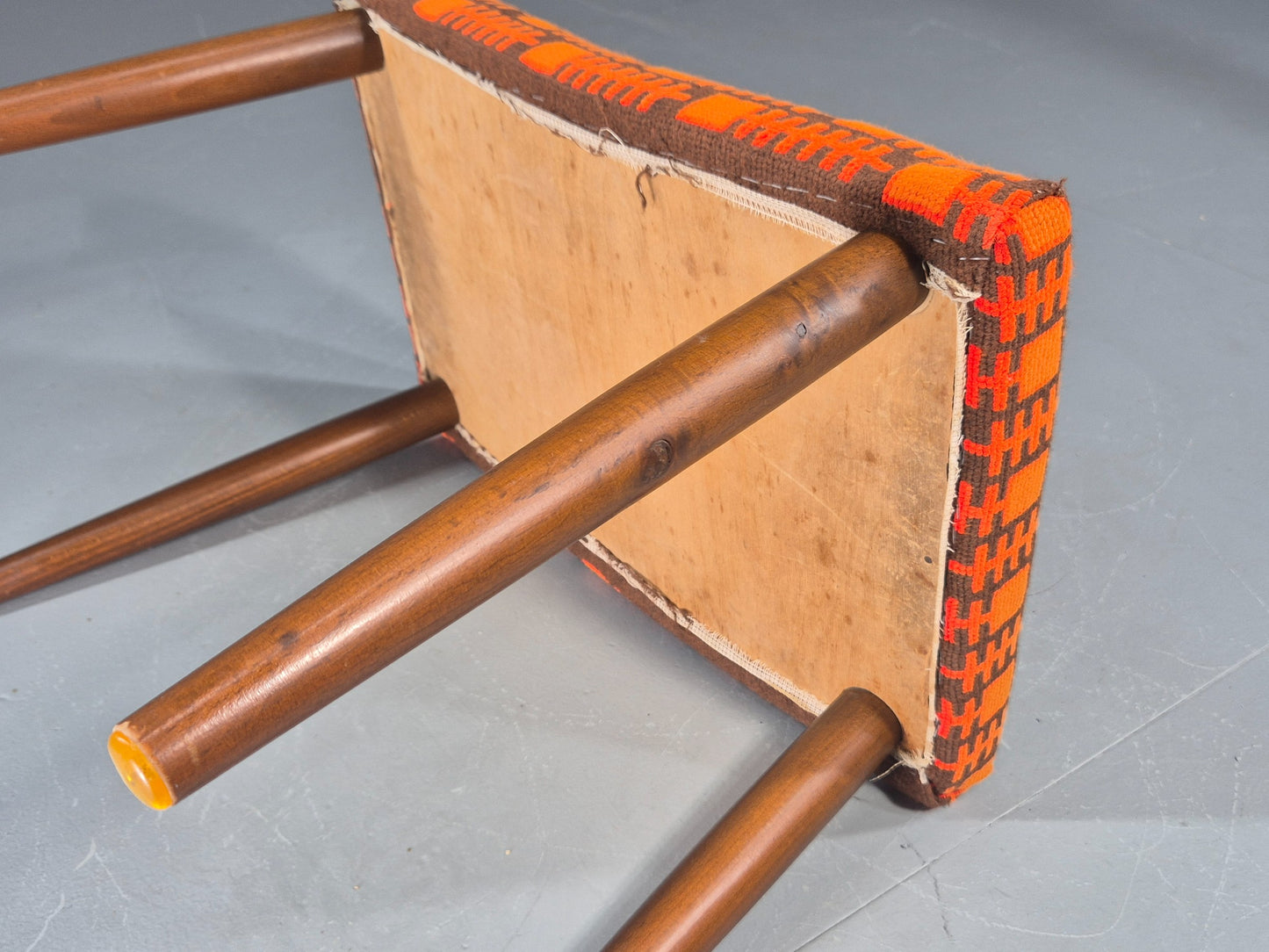 Vintage Mid Century Footstool Danish Orange and Brown Beech Legs 1960s EB12094