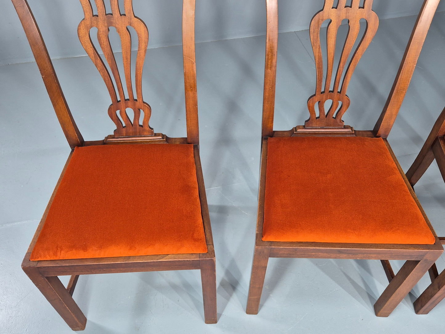 4 Hepplewhite Revival Dining Chairs 1900s Oak New Seat Pads Antique EB11932
