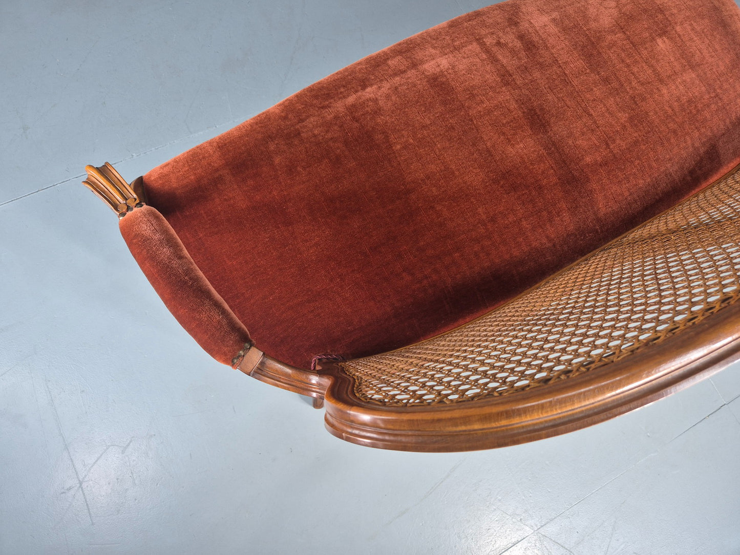 Vintage Danish 2 Seat Sofa French Style Bergere Back Red Velvet Velour EB12744